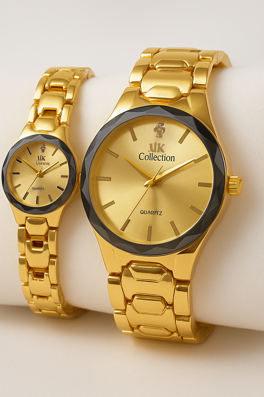 Gold Couple Watch Set – Luxury Quartz Pair with Elegant Bracelet Design