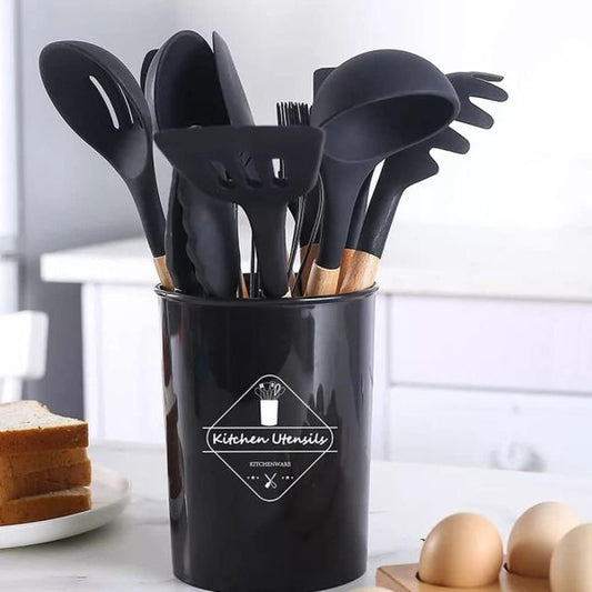 12 Pcs Silicone Kitchen Utensil Set – Heat Resistant, Wooden Handle (Random Color)