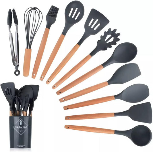 12 Pcs Silicone Kitchen Utensil Set – Heat Resistant, Wooden Handle (Random Color)