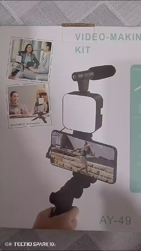 AY-49 Vlogger Kit – LED Light, Mic & Tripod (No Remote