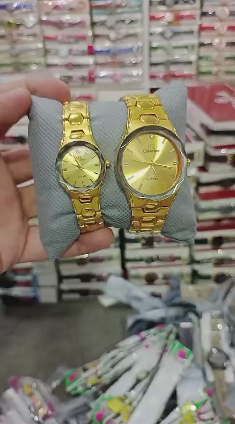 Gold Couple Watch Set – Luxury Quartz Timepieces For Him & Her With Polished Bracelet Design